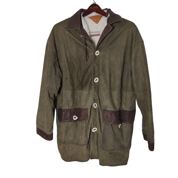 Du Sault Men's Sz XXL Green Suede Coat Sherpa Fleece Lining Antler Bone Buttons